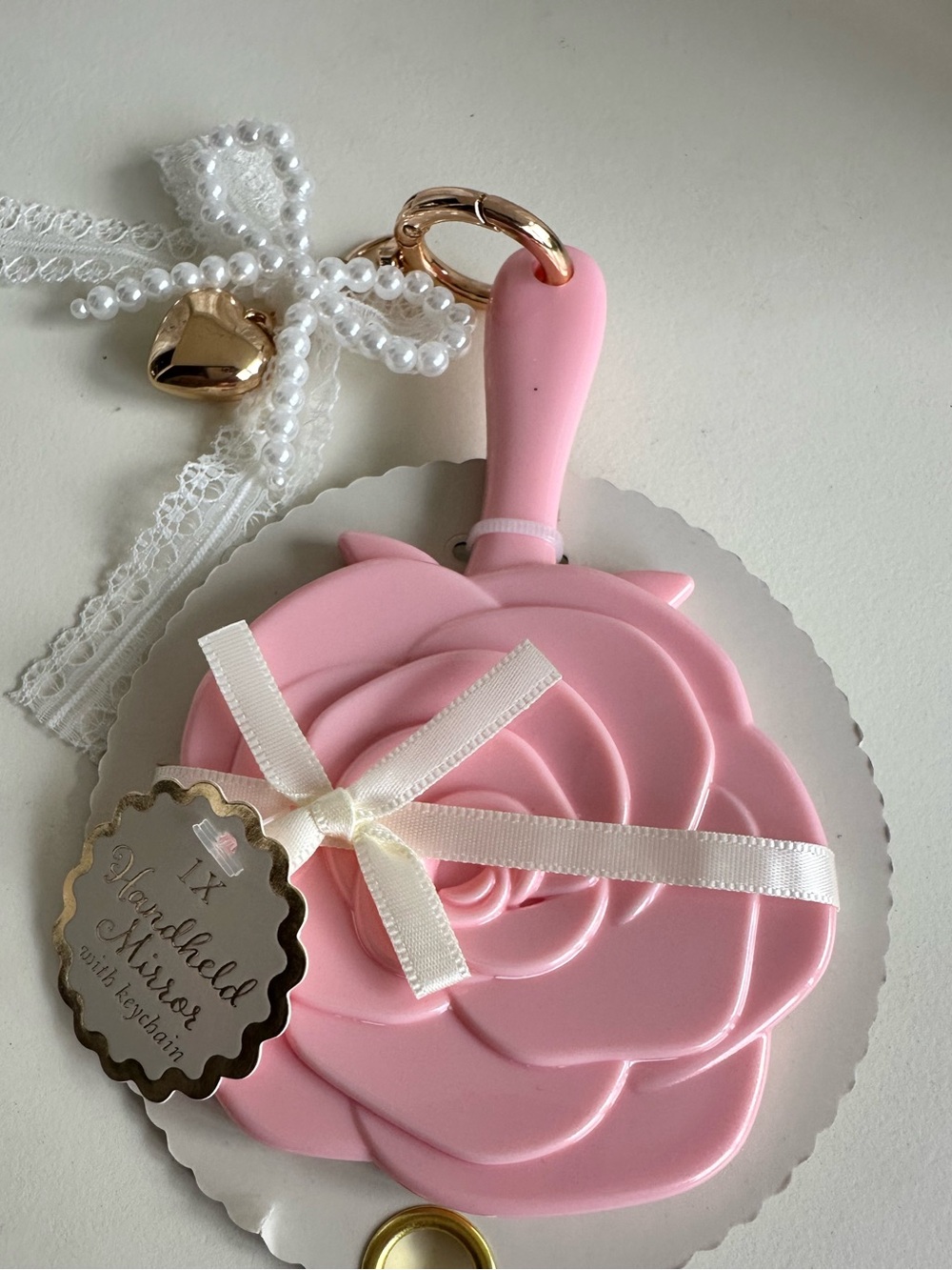 Perfect Pink Rose Handheld Mirror Bag Charm with Ribbon Accent